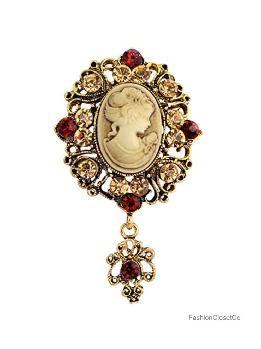 Victorian Cameo Brooch Pin Crystal Rhinestone Alloy Vintage Jewelry